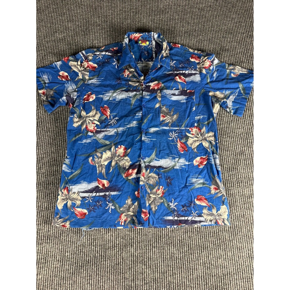 Hawaii Blues Mens Large Blue Tropical Floral Palm Tree Short Sleeve Button Shirt